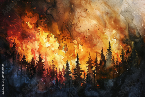 Bright flames engulf the trees in a forest fire, creating an intense contrast with the dark silhouettes of the trees, illuminated by the fiery glow around twilight