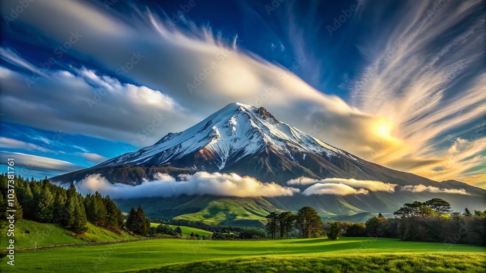 Fototapeta premium Snowcapped Mountain Peak Over Lush Foothills with Fluffy Clouds | Nature Landscape Photography