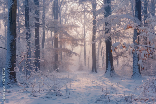 Snow blankets the ground and branches in a serene winter forest, while soft morning light filters through the mist, creating a peaceful atmosphere