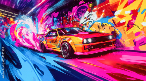Dynamic retro street racing car with vivid graffiti and neon colors in urban art style