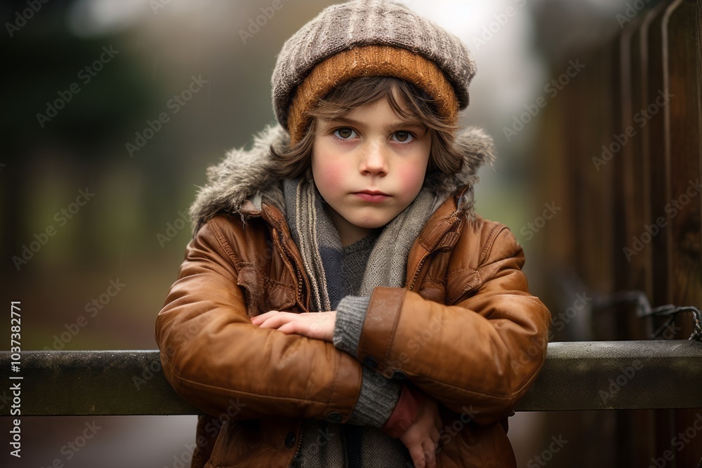 Outdoor portrait of a cute little boy in a warm coat and hat. Outdoor portrait of a cute little boy in a warm coat and hat.