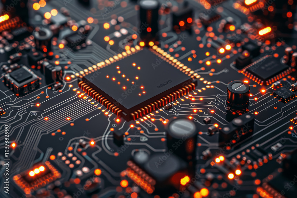 A detailed circuit board features a central chip and surrounding components glowing with orange lights, emphasizing its complex structure in low light A detailed circuit board features a central chip and surrounding components glowing with orange lights, emphasizing its complex structure in low light