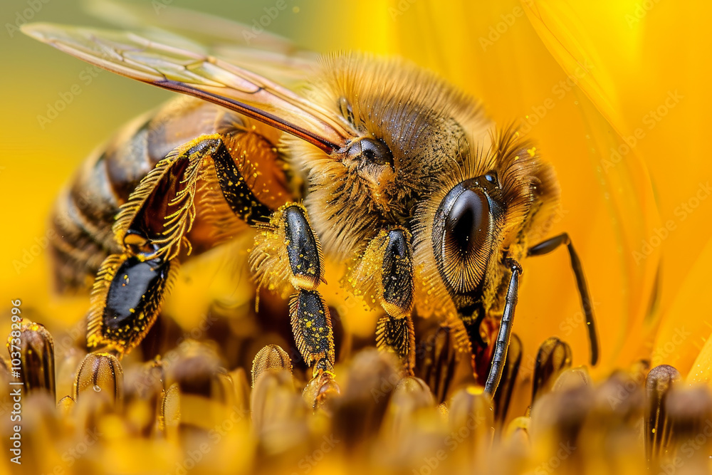 Naklejka premium A bee busily gathers pollen from a bright sunflower, showcasing intricate details of its body and the delicate flower petals, as sunlight enhances the scene