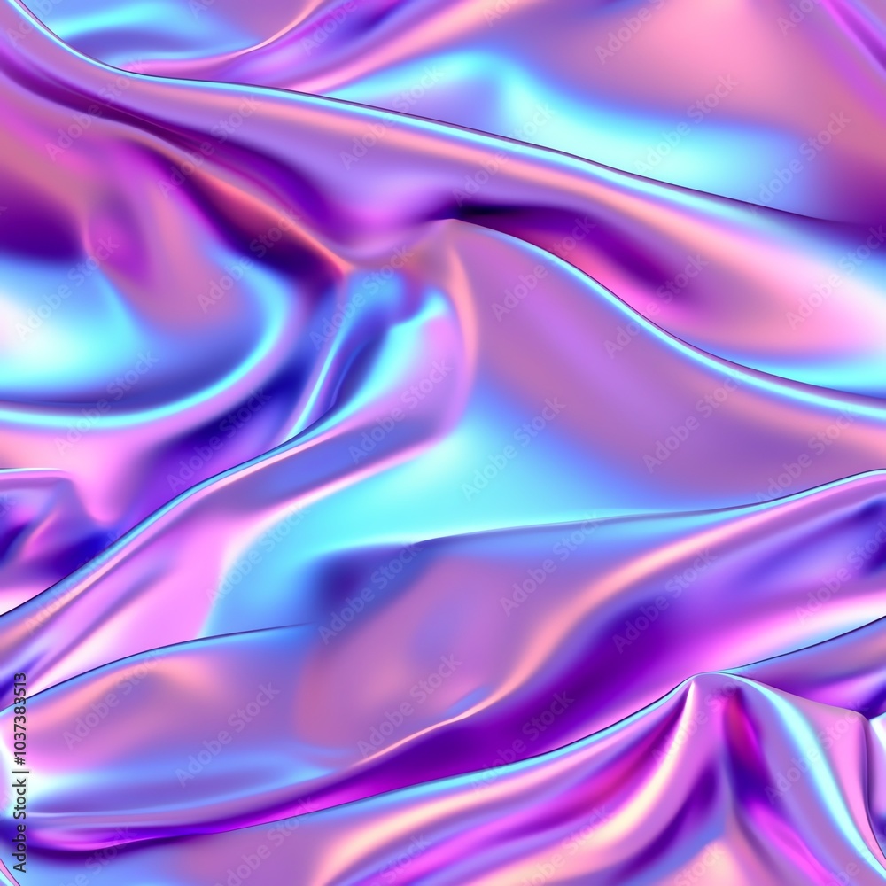 Obraz premium Colorful iridescent fabric folds creating a vibrant abstract background with a metallic sheen, showcasing shades of purple and blue, Seamless or tile pattern.