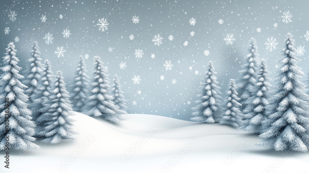 Winter landscape with snow-covered pine trees and snowflakes falling from a cloudy sky, creating a peaceful serene holiday season atmosphere Winter landscape with snow-covered pine trees and snowflakes falling from a cloudy sky, creating a peaceful serene holiday season atmosphere