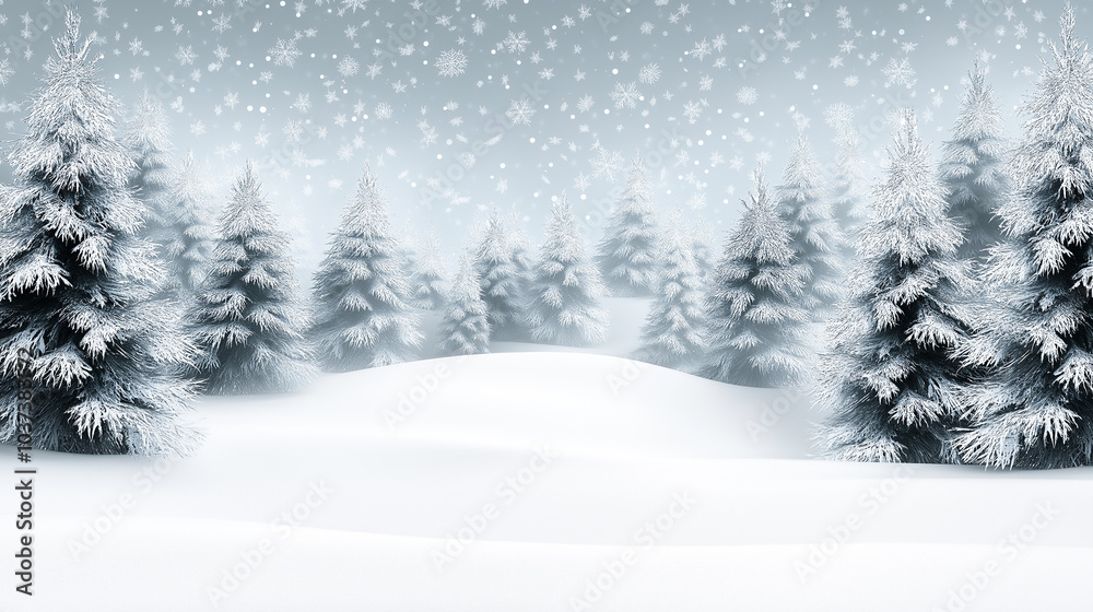 Winter landscape with snow-covered pine trees and snowflakes falling from a cloudy sky, creating a peaceful serene holiday season atmosphere Winter landscape with snow-covered pine trees and snowflakes falling from a cloudy sky, creating a peaceful serene holiday season atmosphere