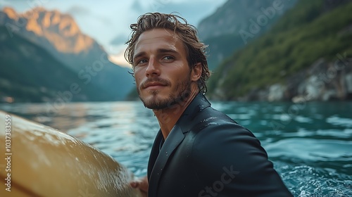 Brown-haired man in a black suit, standing barefoot in the water, holding a surfboard at Lake Santa Croce, Belluno. The summer mountain backdrop creates a dramatic atmosphere with light and