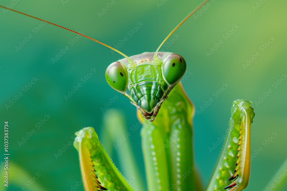 A striking green praying mantis poses with an inquisitive expression against a soft-focus background of greenery, highlighting its fascinating anatomy and vibrant color A striking green praying mantis poses with an inquisitive expression against a soft-focus background of greenery, highlighting its fascinating anatomy and vibrant color