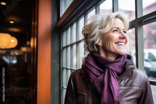 Portrait of a happy senior woman smiling in front of a window