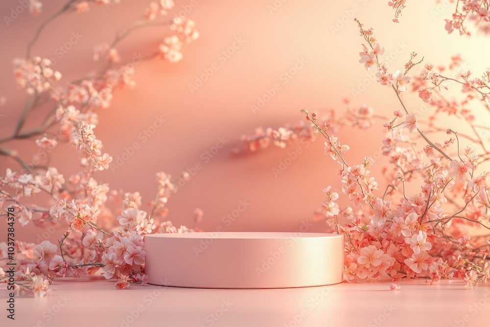 Minimal cylinder podium, pastel peach backdrop, subtle floral accents around the base, soft diffused lighting, serene atmosphere Minimal cylinder podium, pastel peach backdrop, subtle floral accents around the base, soft diffused lighting, serene atmosphere