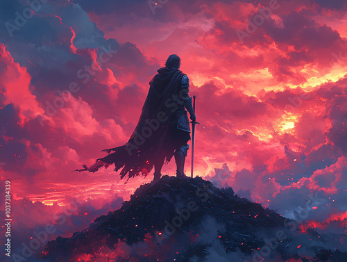 A simple fantasy illustration of a heroic knight standing on a hill at sunset, with a glowing background and minimalistic style, ideal for storytelling and historical themes.