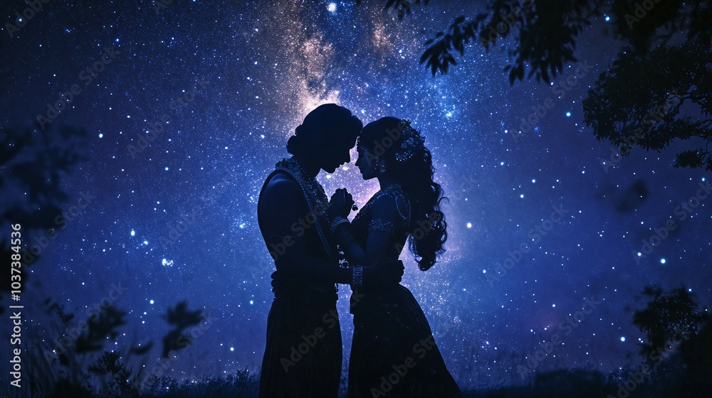 Obraz premium Silhouettes of a Couple Embracing Under a Starry Night Sky