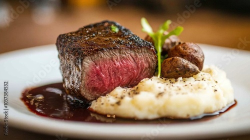 Juicy Steak with Mashed Potatoes and Mushroom Garnish