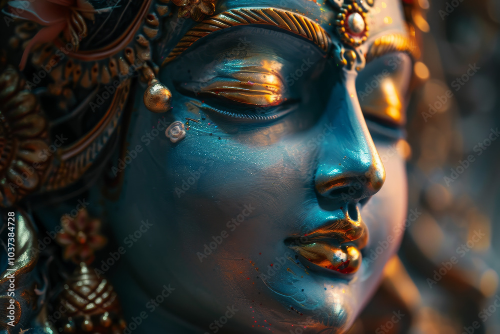 Fototapeta premium This artwork features a serene blue deity statue with delicate facial features, intricate ornaments, and a calming expression, illuminated by gentle light, showcasing its craftsmanship