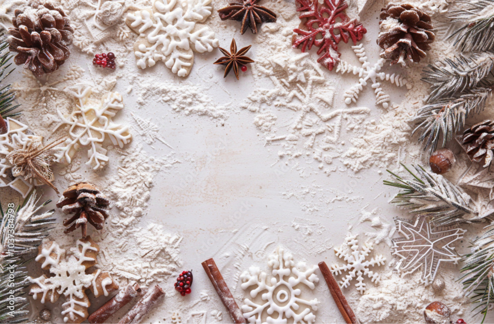 Christmas background with flour, Christmas tree branches, and decorations on the table. Background for cooking holiday cookies or cake. Top view. Flat lay Christmas background with flour, Christmas tree branches, and decorations on the table. Background for cooking holiday cookies or cake. Top view. Flat lay