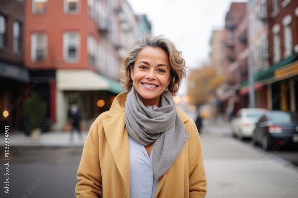Portrait of a smiling middle aged woman walking on a city street Portrait of a smiling middle aged woman walking on a city street