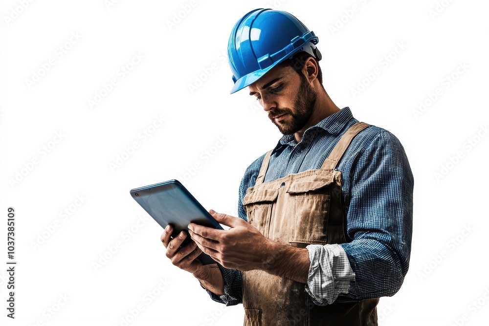 Male construction worker wearing a blue hard hat and overalls, using a digital tablet,isolated against white background. Ideal for concepts of construction technology, and industrial innovation. Male construction worker wearing a blue hard hat and overalls, using a digital tablet,isolated against white background. Ideal for concepts of construction technology, and industrial innovation.