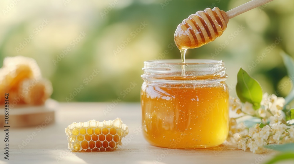 honey from linden, acacia, Golden honey drizzles from a wooden dipper into a jar surrounded by honeycomb and flowers in a bright, natural setting honey from linden, acacia, Golden honey drizzles from a wooden dipper into a jar surrounded by honeycomb and flowers in a bright, natural setting