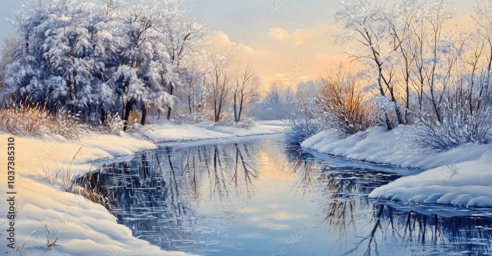 Winter Landscape with Beautiful Reflection in the Water. AI generated illustration. Winter Landscape with Beautiful Reflection in the Water. AI generated illustration.
