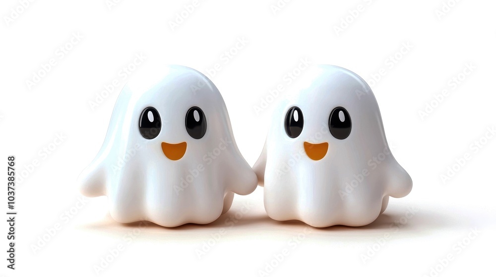Cute ghost figurines with smiling faces on a white isolated background.