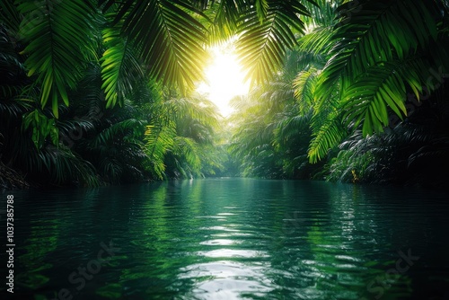 Trekking through a tropical river, dense jungle plants hanging over the water, vivid green hues, bright sunlight shining through the canopy