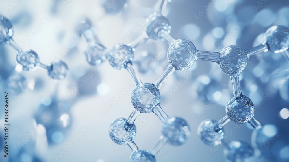 Close-up of transparent molecular structure with blue highlights Close-up of transparent molecular structure with blue highlights