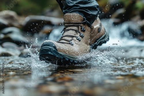  Close-up of boots splashing through shallow water, river trekking action shot, wet rocks and ripples, sharp focus on water droplets photo