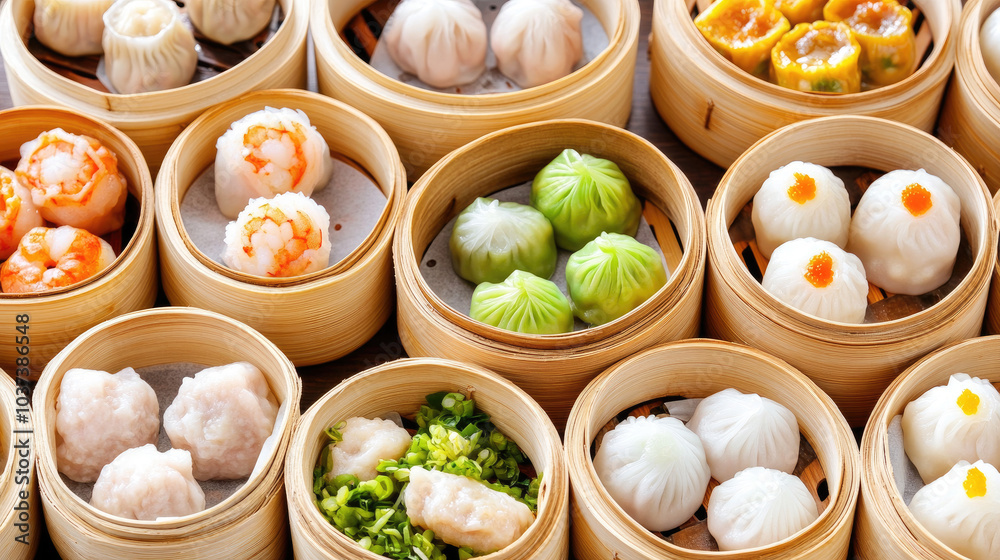 A variety of Chinese dim sum dishes, such as pork siu mai, shrimp dumplings, and custard buns, arranged in bamboo steamers for an authentic touch --chaos A variety of Chinese dim sum dishes, such as pork siu mai, shrimp dumplings, and custard buns, arranged in bamboo steamers for an authentic touch --chaos