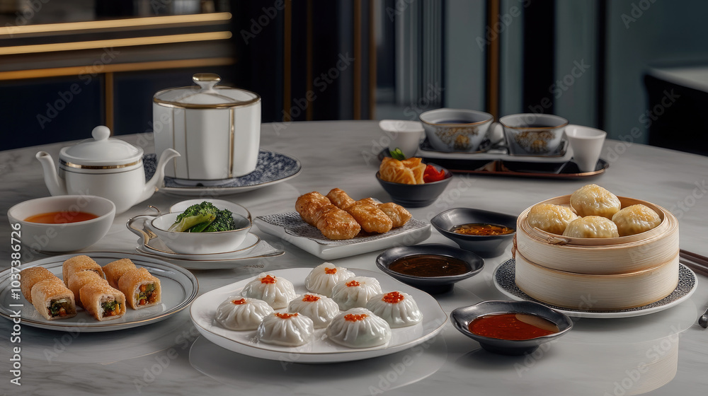 A variety of dim sum dishes, including soup dumplings, vegetable buns, and fried taro puffs, with dipping sauces and a tea set in the background --chaos A variety of dim sum dishes, including soup dumplings, vegetable buns, and fried taro puffs, with dipping sauces and a tea set in the background --chaos