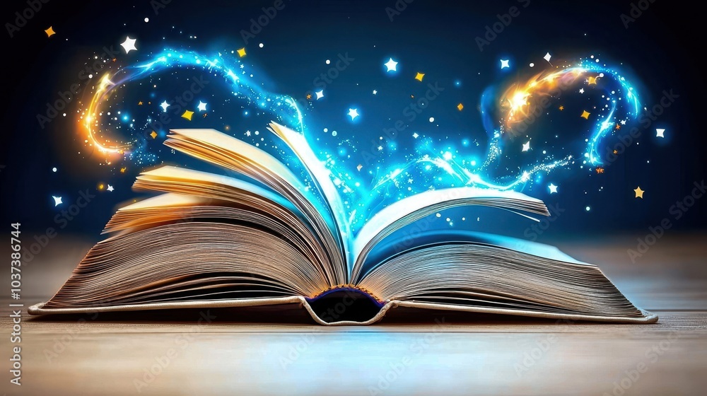 An open book with magical lights swirling around, symbolizing knowledge and imagination. An open book with magical lights swirling around, symbolizing knowledge and imagination.