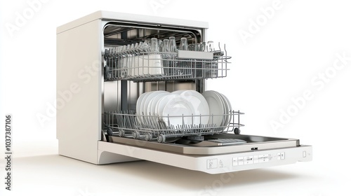 A modern dishwasher with plates and glassware inside, ready for cleaning.