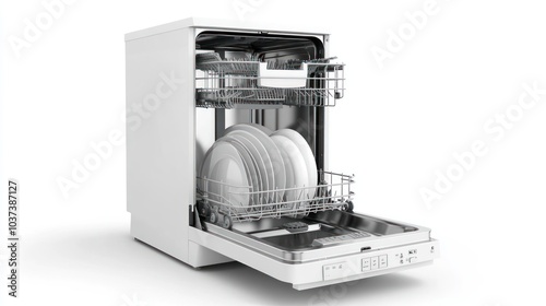 A modern dishwasher with open door, showcasing clean plates and organized racks.