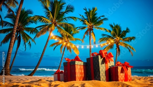 Tropical beach holiday gifts under palm trees