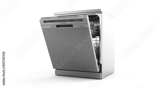 A modern stainless steel dishwasher with an open door, showcasing its interior and functionality.