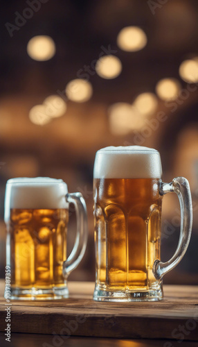 A couple of glasses of beer on a wooden bar table Oktoberfest banner vertical