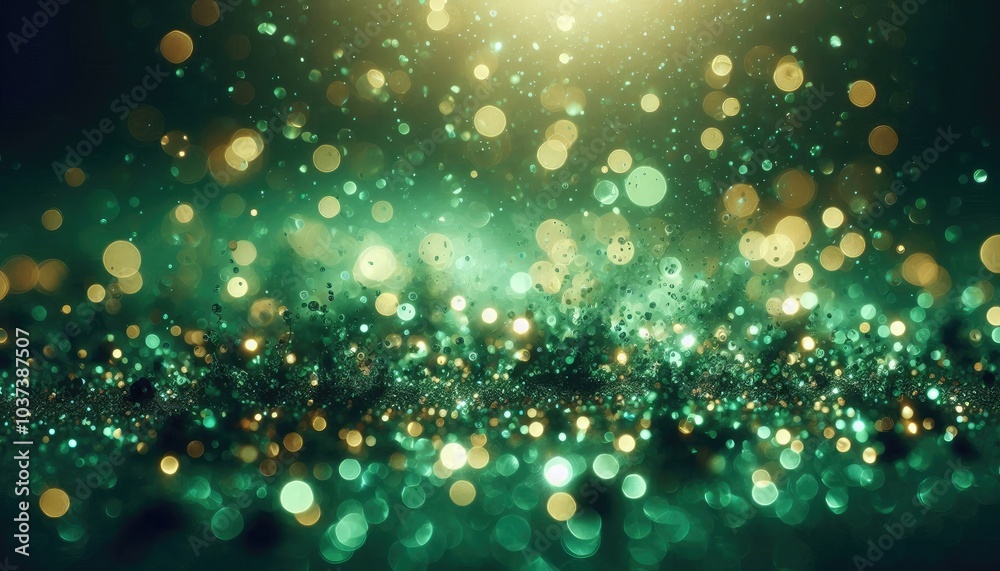 Soft, dreamy photography, featuring shimmering green glitter with a glowing green bokeh background, creating an ethereal, sparkling atmosphere Soft, dreamy photography, featuring shimmering green glitter with a glowing green bokeh background, creating an ethereal, sparkling atmosphere
