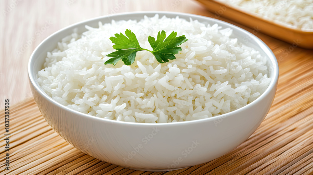 A white bowl filled with plain steamed rice, garnished with a small leaf of parsley, set on a minimalist wooden surface. --chaos A white bowl filled with plain steamed rice, garnished with a small leaf of parsley, set on a minimalist wooden surface. --chaos