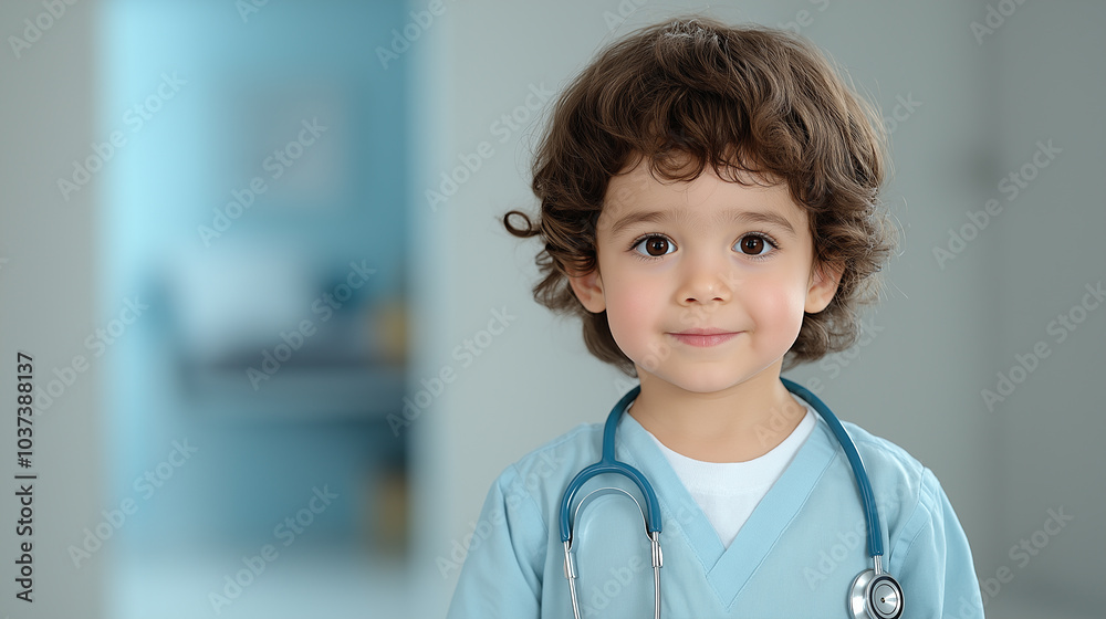 Cute young boy dressed as a doctor with stethoscope, smiling confidently, representing child dreams of a medical career in a playful healthcare role Cute young boy dressed as a doctor with stethoscope, smiling confidently, representing child dreams of a medical career in a playful healthcare role