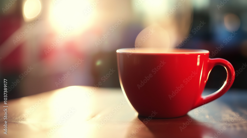 Red coffee cup on table in warm sunlight with blurry bokeh background, capturing a cozy moment of relaxation and comfort during a morning coffee break Red coffee cup on table in warm sunlight with blurry bokeh background, capturing a cozy moment of relaxation and comfort during a morning coffee break