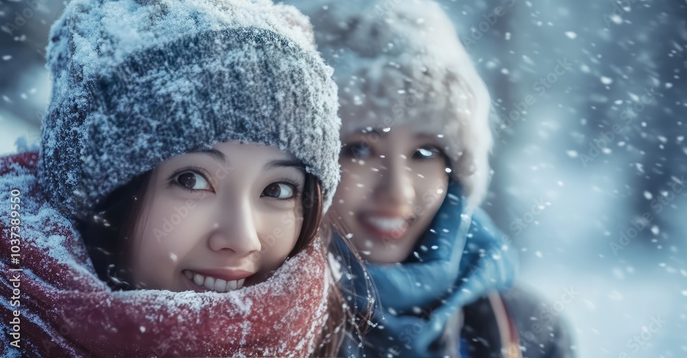 Asian Female Tourists in Winter. AI generated illustration. Asian Female Tourists in Winter. AI generated illustration.