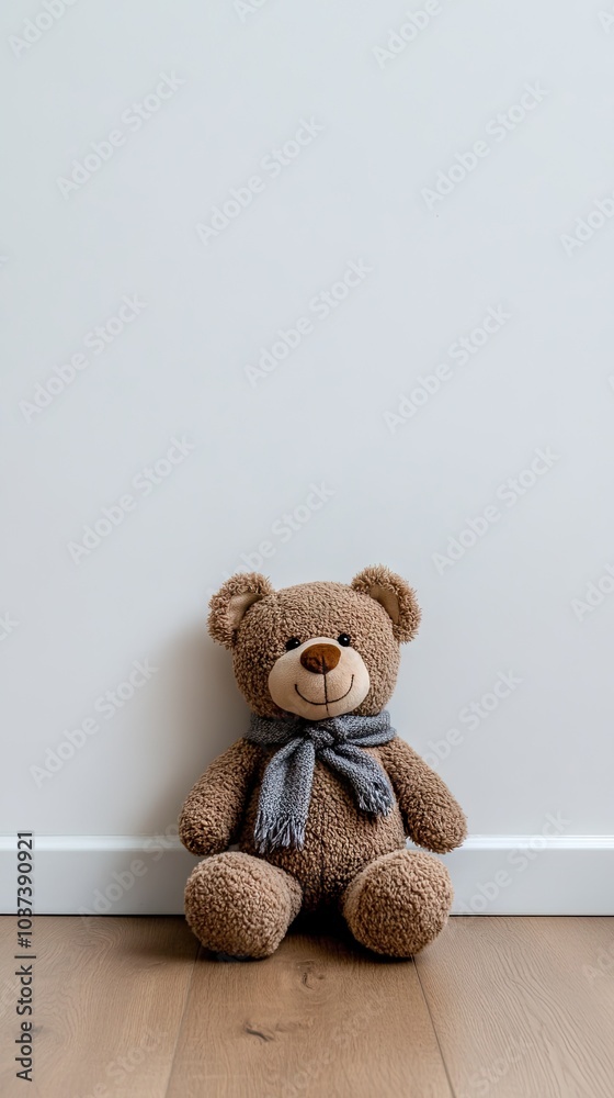 A charming plush teddy bear with light brown fur and a gray scarf sitting gracefully against a neutral gray wall on a serene floor A charming plush teddy bear with light brown fur and a gray scarf sitting gracefully against a neutral gray wall on a serene floor