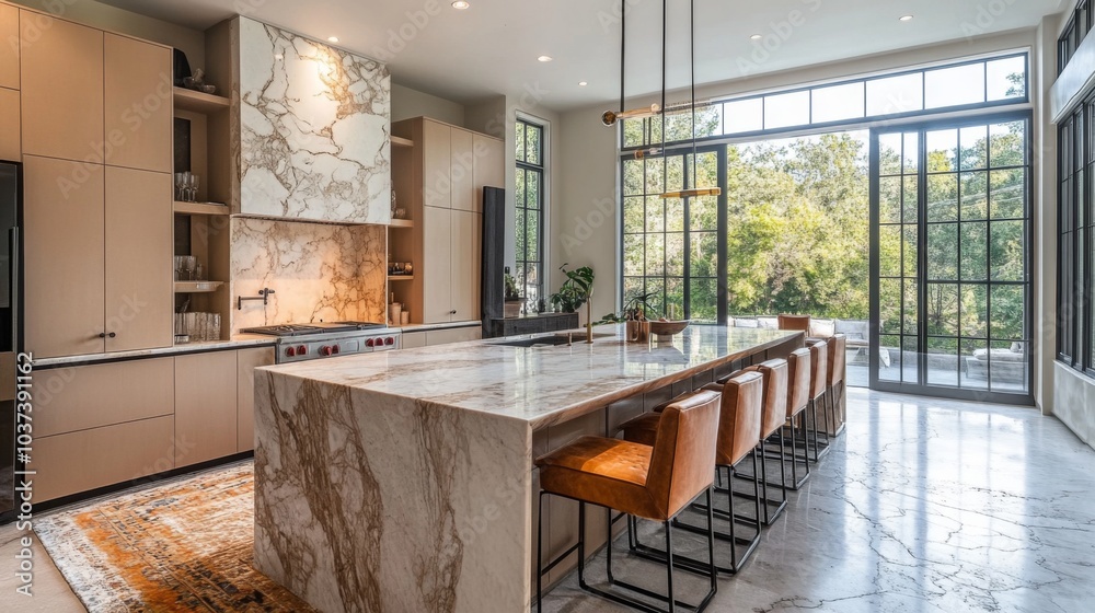Modern Kitchen with Elegant Marble Island and Natural Light Modern Kitchen with Elegant Marble Island and Natural Light