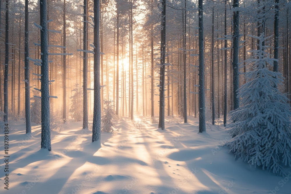 Serene winter forest at sunrise with snow-covered trees and sunlight streaming through Serene winter forest at sunrise with snow-covered trees and sunlight streaming through