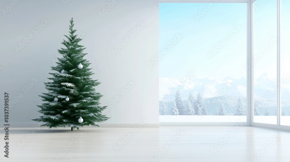 Fototapeta premium A Christmas tree with white and silver decorations, set in a modern living room with snowy windows