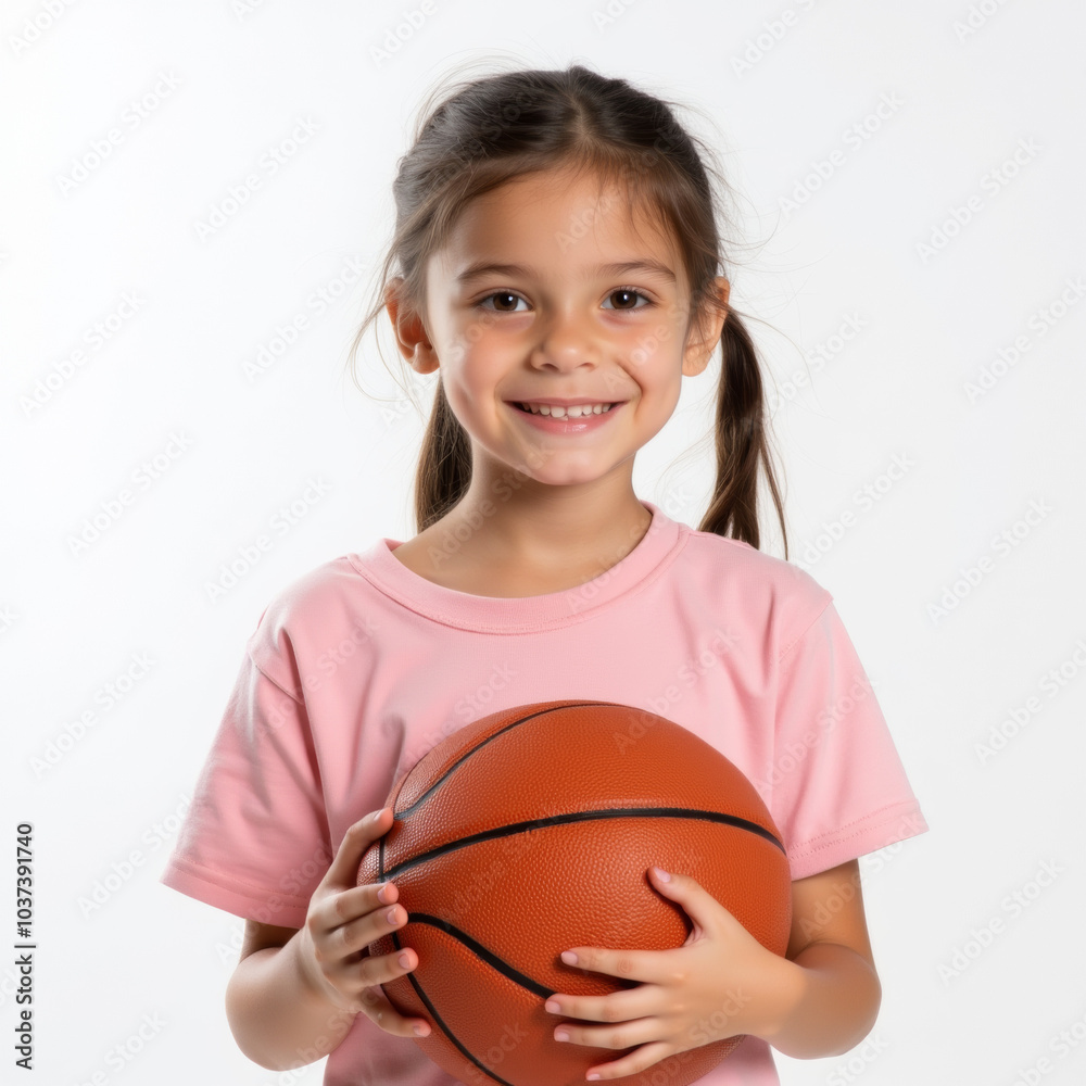 Young girl smiling while holding a basketball in a pink t shirt on a white background Young girl smiling while holding a basketball in a pink t shirt on a white background