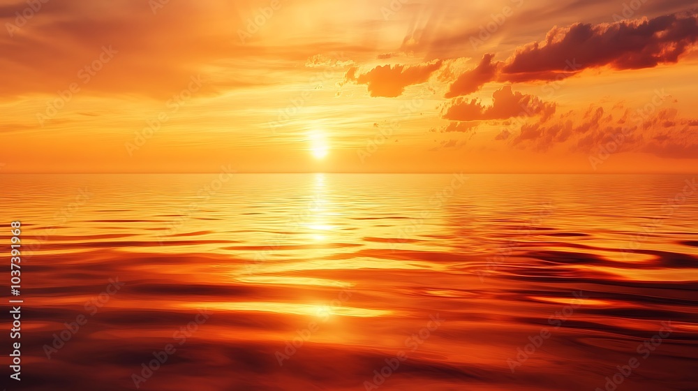Fototapeta premium A calm lake reflecting a vibrant orange sunset, with smooth water ripples breaking the stillness.