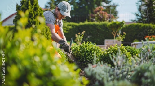 Gardener Working in a Lush Garden