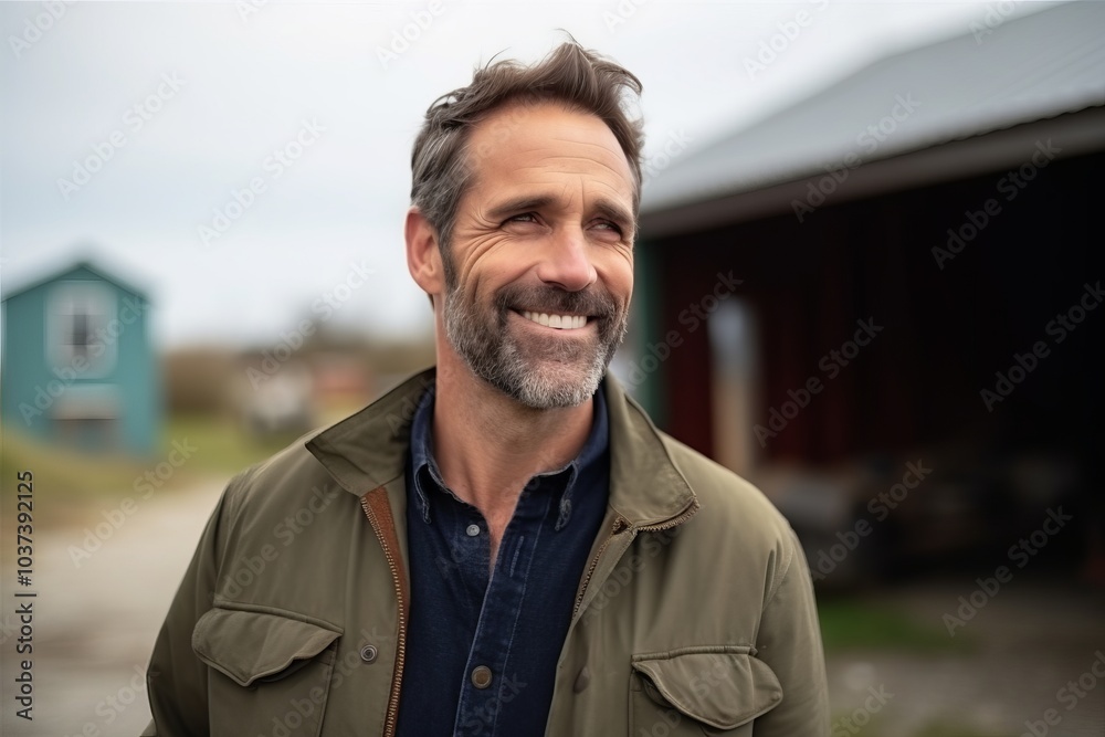 Portrait of a smiling middle-aged man standing outside on a farm Portrait of a smiling middle-aged man standing outside on a farm