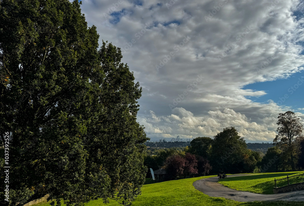 A view of the London skyline from Alexandra Palace Park, UK A view of the London skyline from Alexandra Palace Park, UK