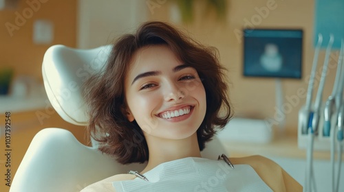 Smiling Woman Sitting In Dental Chair, copy space for text, dental office advertising